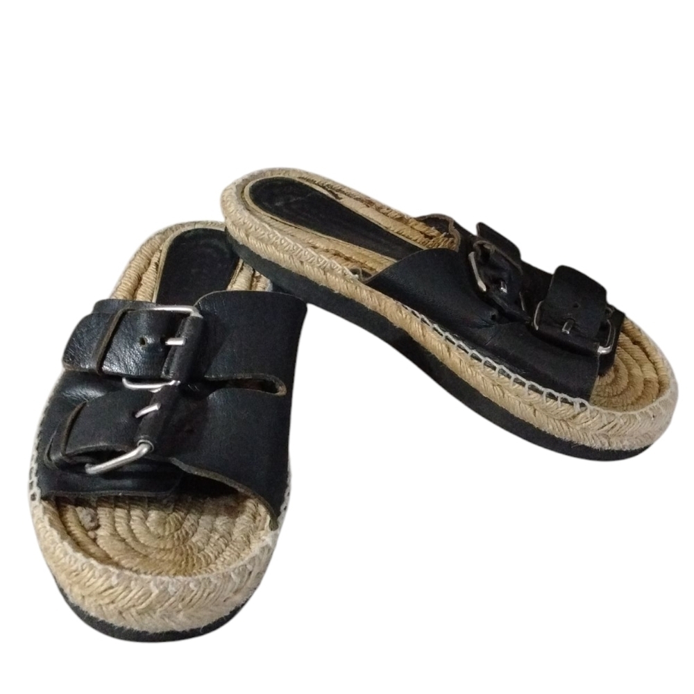 Palomitas Black Leather Double Strap Sandals Size 7-7.5